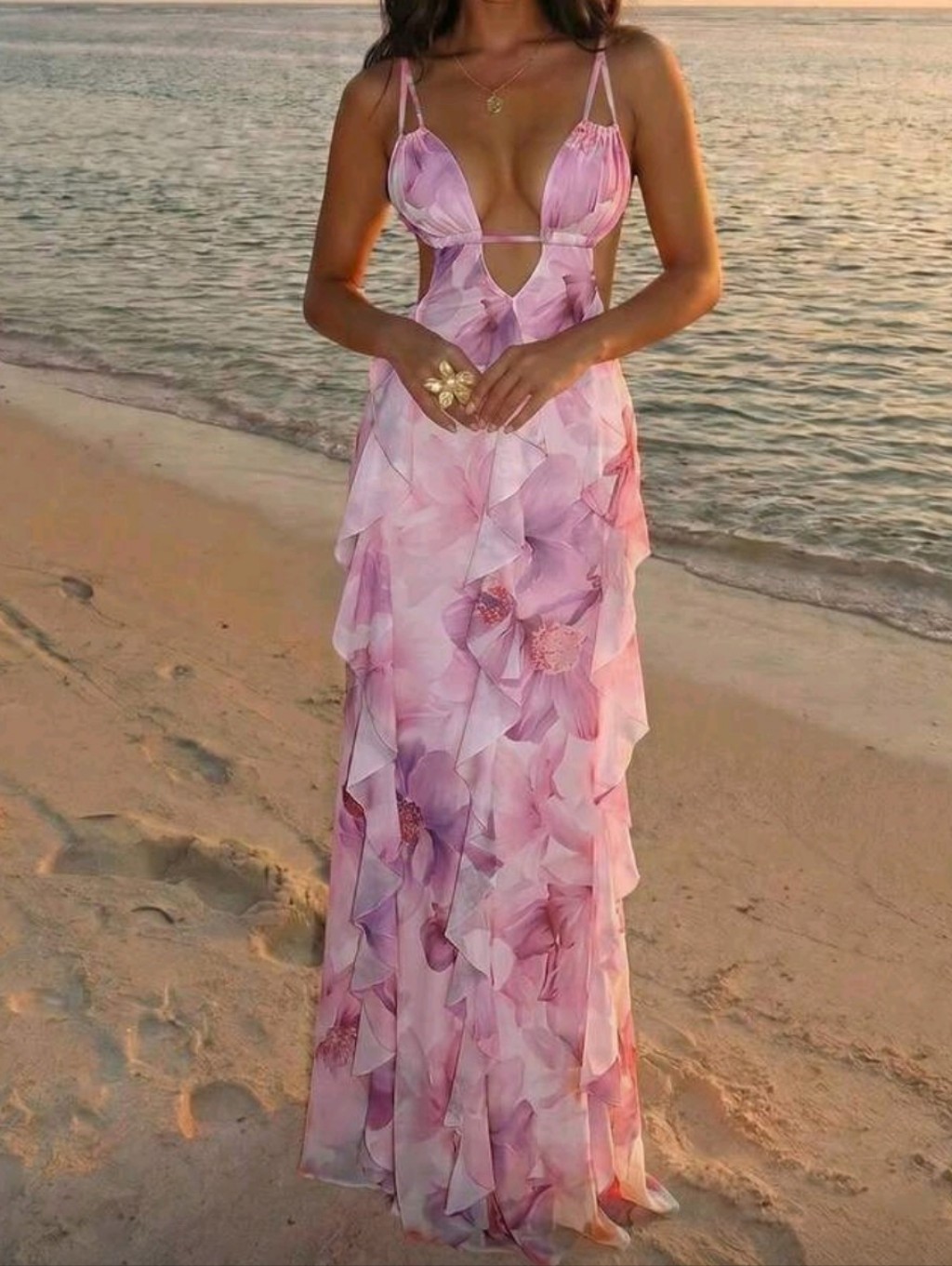 Women's Floral Print Ruffle Hem Boho Date Beach Party Camisole Dress Blush Pink